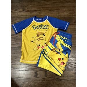 Pokémon Swim Trunks & Rash Guard 4 Pikachu Yellow & Blue Short Sleeve